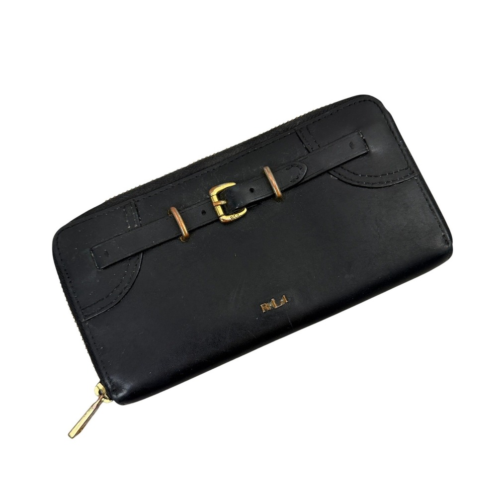 Lauren Ralph Lauren Wallet Womens OS Black Leather Zip Around Buckle Detail
